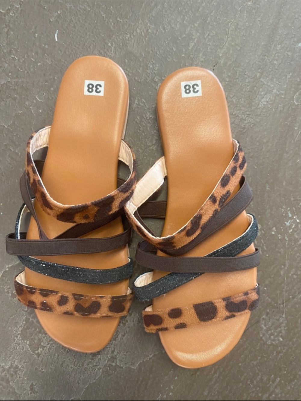 SHEIN Leopard-Print Multi-Strap Slide Sandals - Brown